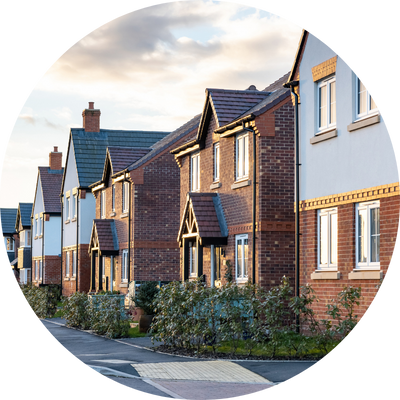 A wide shot of modern detached houses.