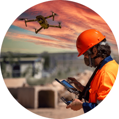 A builder on a development site using a drone to conduct a survey.