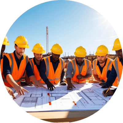 A group of builders in orange vests and yellow hard hats stood around a site plan.