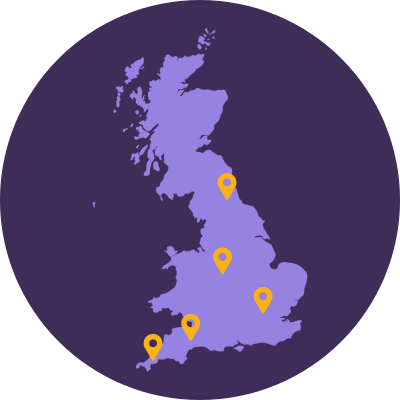UK map with yellow pins highlighting areas with the highest concentrations of non-standard post-war homes.