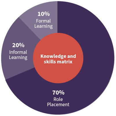 An infographic stating that the graduate programme consists of 10% formal learning, 20% of informal learning and 70% role placement.
