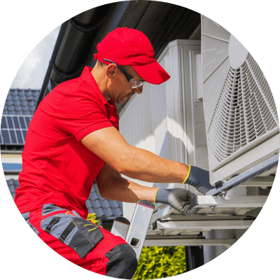 A male engineer standing on a ladder and dressed in a bright red uniform with a cap installing a heat pump to the side of a house.