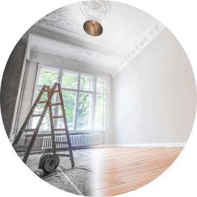 A wide shot of a house before and after renovation.