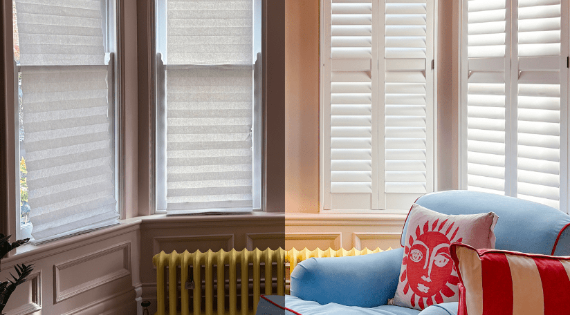 Image contrasting the amount of light in a front room with blinds open and closed. Credit - Hillarys Blinds.