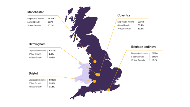 Purple map of UK showing the top 5 cities with the largest self-employed disposable income. The figures shown are also in described in the following table and commentary.