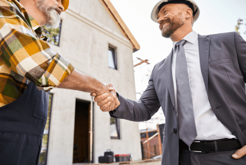Happy builder and finance partner shaking on a housing development site.