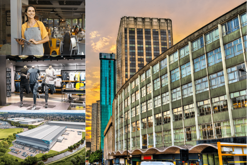Collage of commercial properties types that Together can typically lend on, including retail, hospitality, large industrial and offices.