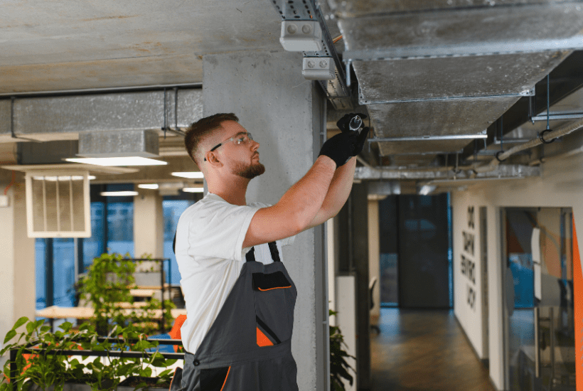 Professional worker installing air conditioning duct work in a contemporary building. HVAC maintenance and infrastructure service