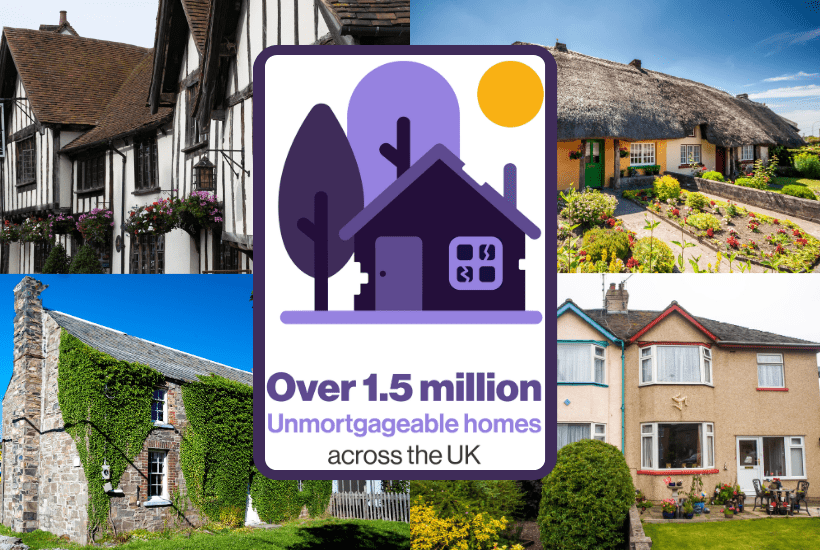 Image of a thatched cottage, listed building, timber-frame home and non-standard construction property with a statistic showing over 1.5 million UK homes may fall outside standard lending criteria.