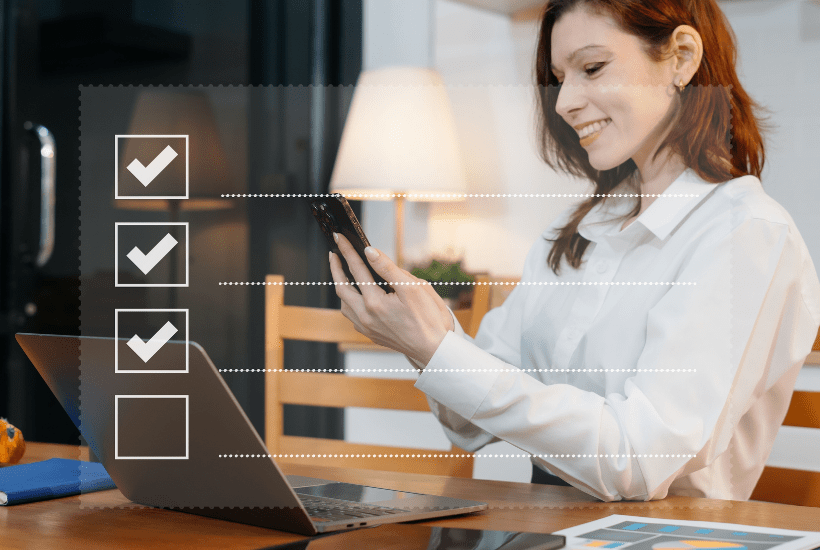 Young woman filling out survey on mobile.
