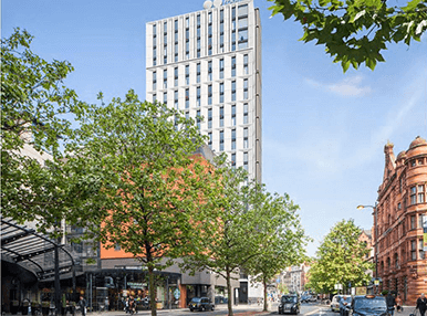 A long shot of Piccadilly in Manchester.