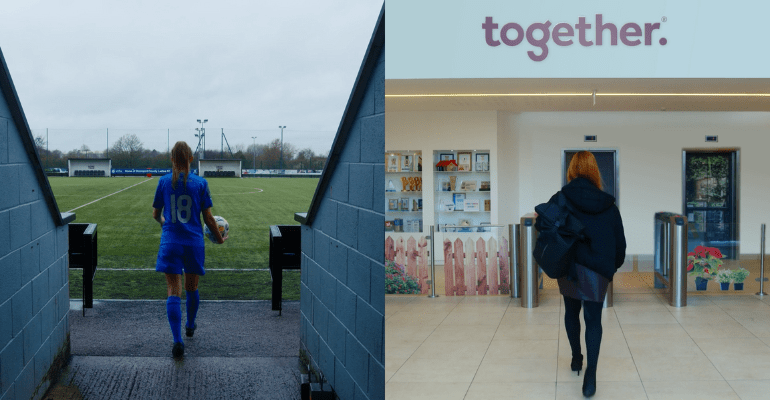 A collage of two women next to each other, one a footballer and one who works in corporate.