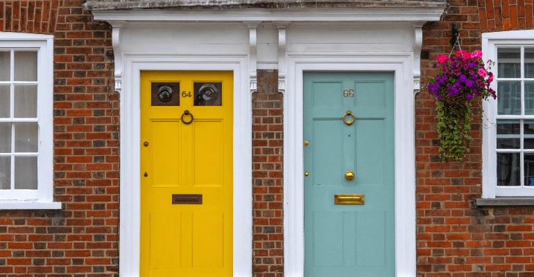 A yellow and a teal front door.