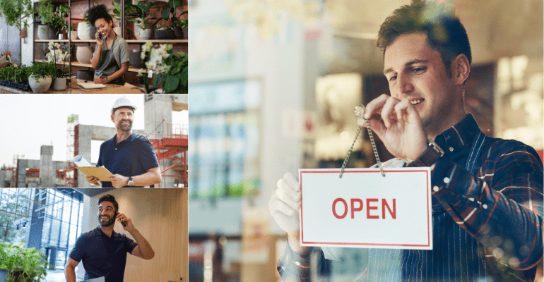A collage of business owners including a young female florist, a middle aged architect on site in a white hard hat, a young entrepreneur in an office and a cafe owner changing their sign to open.