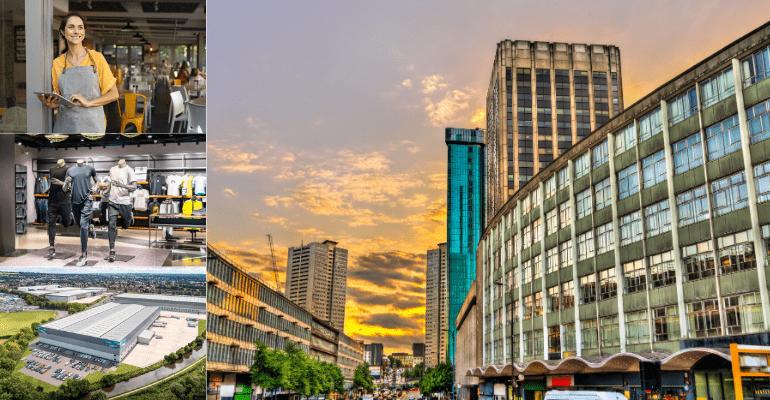 Collage of commercial properties types that Together can typically lend on, including retail, hospitality, large industrial and offices.