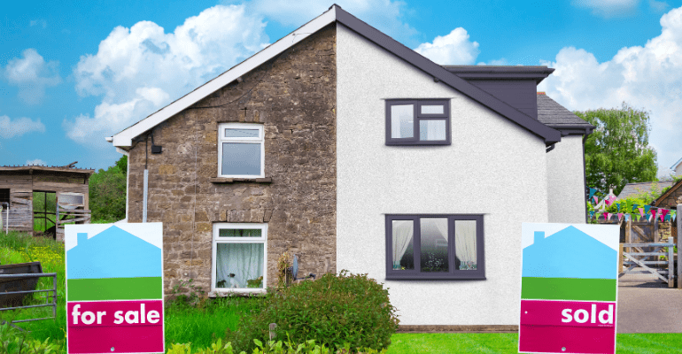 A semi-detached with one house in need of renovation (and up for sale) and the other house renovated (and sold).