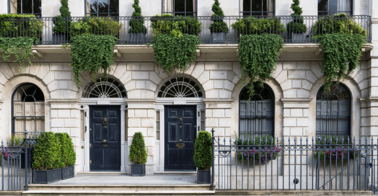 Expensive terraced houses with ivy.