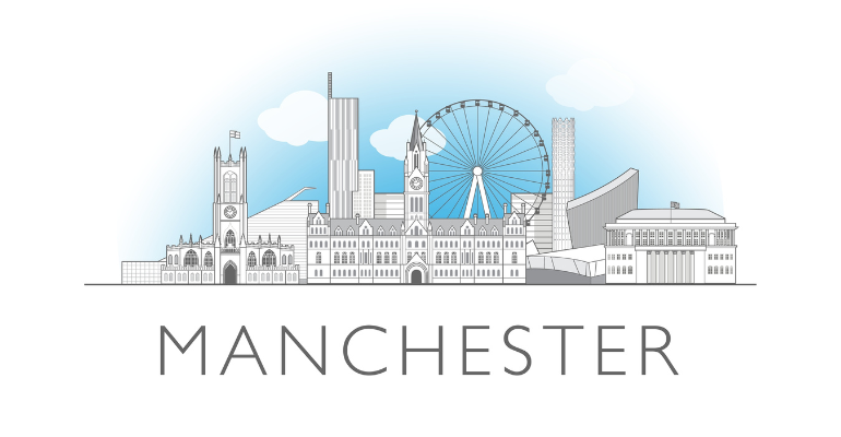 Illustration of the Manchester city skyline including iconic buildings such as Beetham Tower, Manchester Cathedral and the Town Hall.
