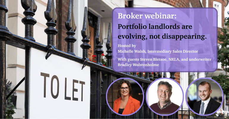Image of expensive detached buildings to let behind a portfolio webinar summary and pictures of the host, Michelle Walsh, and guests, Steven Bletsoe of the NRLA and Underwriter Bradley Wolstenholme.