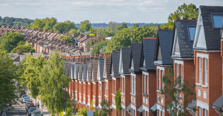 Row of redbrick houses.