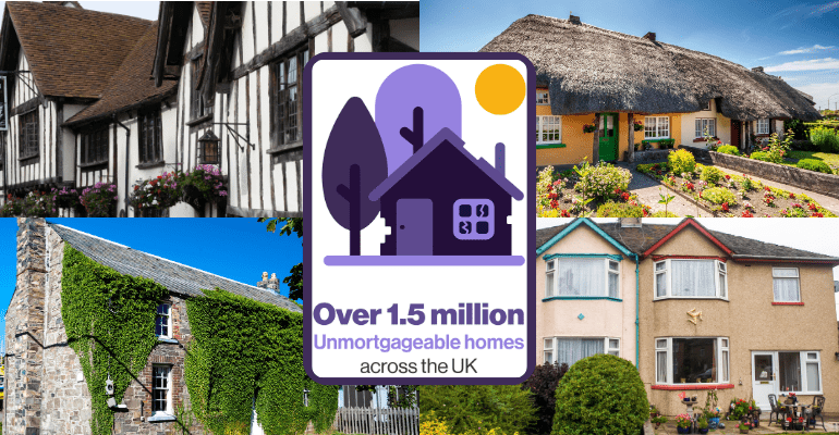 Image of a thatched cottage, listed building, timber-frame home and non-standard construction property with a statistic showing over 1.5 million UK homes may fall outside standard lending criteria.