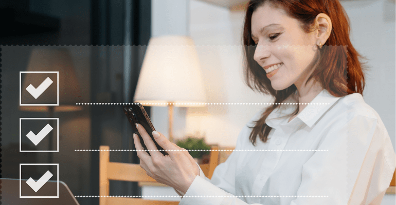 Young woman filling out survey on mobile.