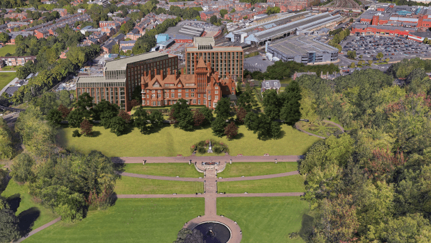 Wide concept image of the Farington redevelopment set in a park area with Preston city centre in the background