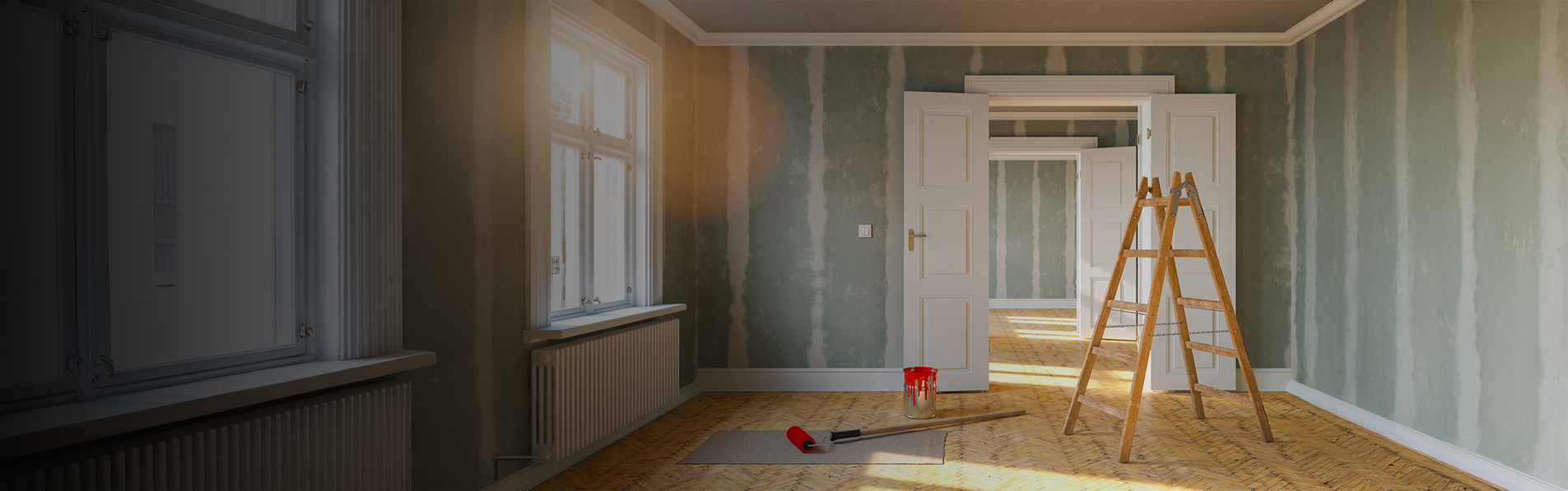 A wide shot of a room that has been fully stripped and ready to redecorate.