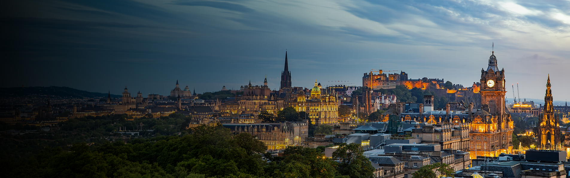 A wide shot of Edinburgh after sunset.