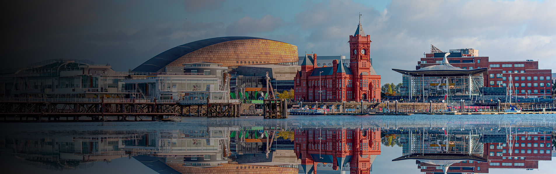 A wide shot of the Cardiff Bay in Wales.