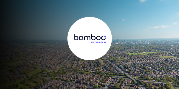 A birds eye view of Manchester with the Bamboo logo over it.