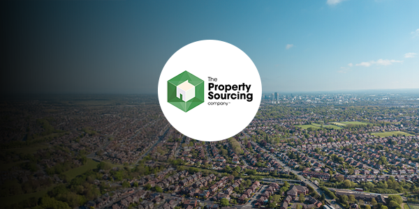 A birds eye view of Manchester with The Property Sourcing Company logo over it.