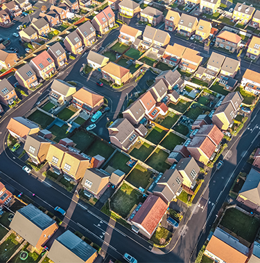 A birds eye view of a neighbourhood.