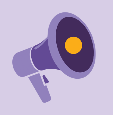 A megaphone icon on a lilac background.