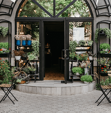 A wide shot of a cafe with plants outside.