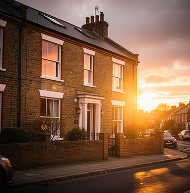 A wide shot of a modern house from the outside on a street whilst the sun is setting in the background.