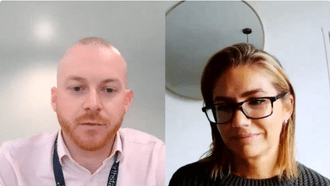 A split screen webinar of a ginger man on the left and a woman on the right.