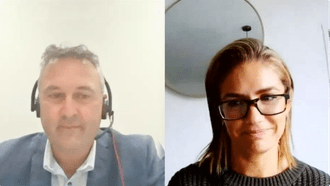A split screen webinar of an older man on the left and a woman on the right.